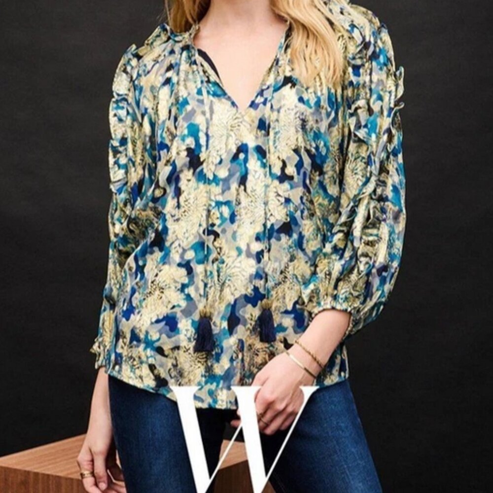 Wallis Teal Metallic Ruffle Top Tie Front Blouse Top V Neck New M
